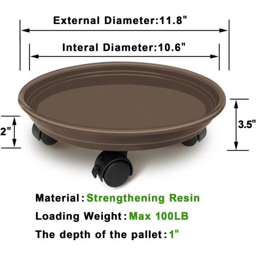 2 Pack of Plant Pallet Caddy with Wheels, Round Flower Pot Mover, Indoor Rolling Planter Dolly on Wheels, Outdoor Planter Trolley Tray Coaster, Brown