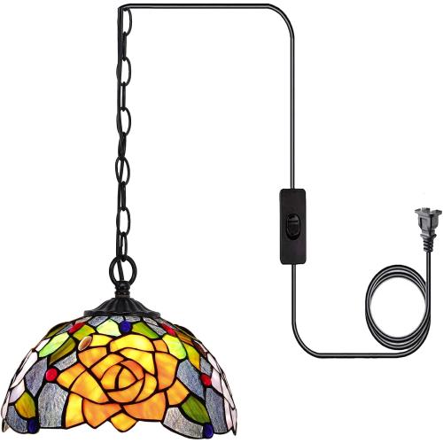 Tiffany Pendant Light Plug in Stained Glass Hanging Lamp 10 Inch Wide Living Room Bedroom Kitchen Dining Room Office