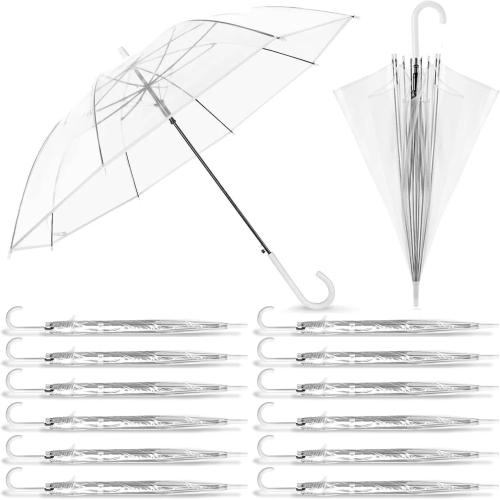 13 Pack Clear Wedding Umbrellas Bulk Transparent Auto Open Stick Umbrellas Windproof Waterproof Large Canopy Umbrella with White J Hook Handle for Wedding Bride Groom Photography Golf Outdoor