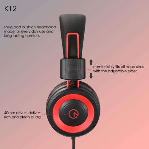 noot products Kids Headphones with Microphone K12 Stereo 5ft Long Cord with 85dB/94dB Volume Limit Wired On-Ear Headset for iPad/Amazon Kindle,Fire/Toddler/Boys/Girls/School (Red Black)