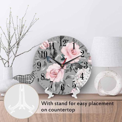 Mxocom Pink Flowers and Leaves Wall Clock Artistic Watercolor Rose Flower Grey Spring 10 Inch Silent Non Ticking Battery Operated Clock Vintage Round Clock for Living Room Bedroom Bathroom Decor