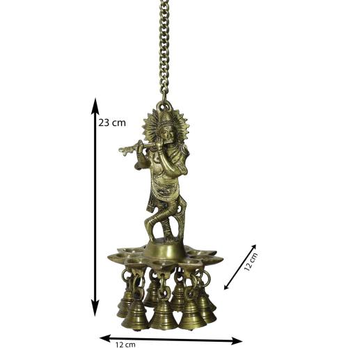 eCraftIndia 'Lord Krishna Playing Flute' Wall Hanging with 9 Oil Wick Diya (Brass, 12 cm x 23 cm, Brown, BGKDB101)