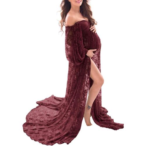 Saslax Soft Stretchy Lace Off Shoulder Doubly Split A-line Skirt Maternity Dress Pregnancy Maxi Gown for Photoshoot