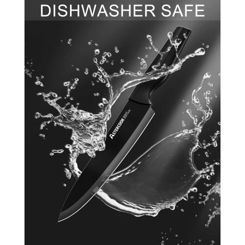 Astercook Knife Set, Kitchen Knife Set with Built-in Sharpener Block, Dishwasher Safe, 15 Pieces German Stainless Steel Knife Block Set, Black