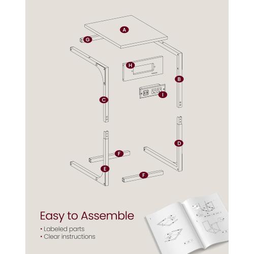 VASAGLE C-Shaped Side Table, End Table with Charging Station, C Table for Couch, Sofa, Adjustable Feet, for Bedroom, Living Room, 2 USB Ports and Outlets, Heather Greige ULET362K02
