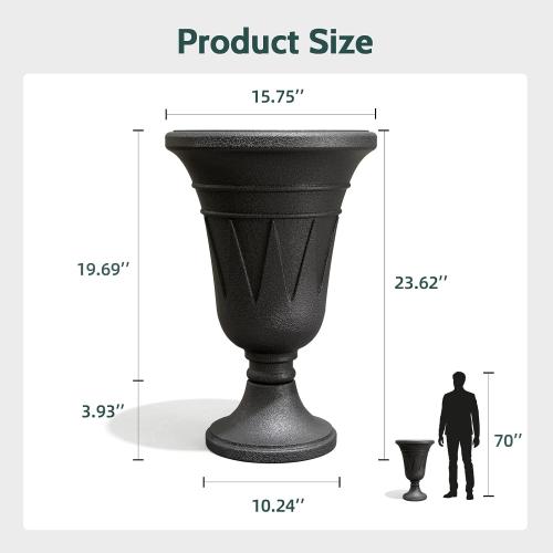 Tall Plastic Urn Planters and Pedestal - 24 Outdoor Planter Black | Weather-Resistant Plastics HDPE with Drainage Holes, Modern Trophy Design Vase, Large Flower Pot Porch Door, Set of 2