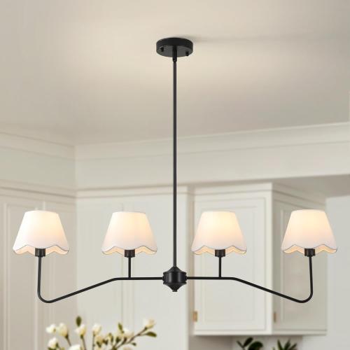 39 Linear Kitchen Island Lighting Fixture,4-Light Black Farmhouse Chandelier with White Fabric Shade, Black Light Fixture for Dining Room Kitchen Island Living Room Bar.E12.