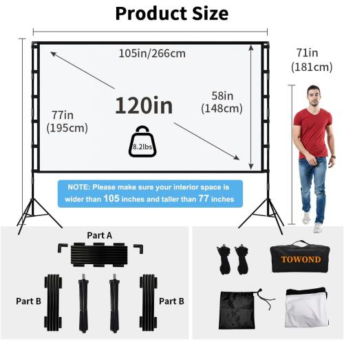 Projector Screen and Stand, Towond 120 inch Portable Projector Screen Indoor Outdoor Movie Screen 16:9 4K HD Wrinkle-Free Lightweight Projection Screen with Carry Bag for Backyard Movie Night