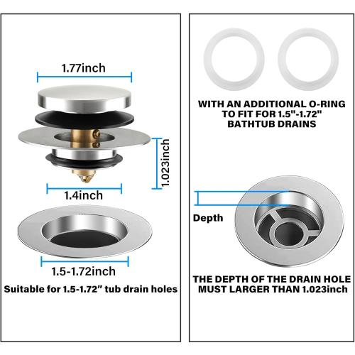 Bathtub Drain Stopper, Tub Stopper/Bathtub Plug for Tip Toe/Trip Lever/Lift&Turn Tub Drains, Bath Tub Drain Stoppers Designed for 1.5-1.72 Drain Hole w/3 O-Rings,Chrome Plated