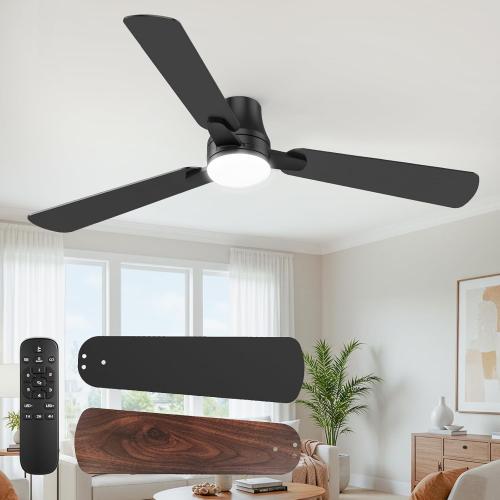 Ceiling Fans with Lights and Remote: 52 Inch Modern Black Ceiling Fan, Low Profile Flush Mount, Quiet Reversible DC Motor & 3CCT Dimmable LED for Bedroom Living Room Kitchen Indoor Outdoor