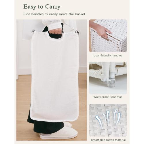 SETVSON Laundry Hamper with Lid Wicker Laundry Basket 112 L (29.6 Gal) Laundry Hampers Handwoven Rattan Clothes Hamper with Handles 3 Removable Liner Bag, 6 Mesh Bags for Bathroom Bedroom White