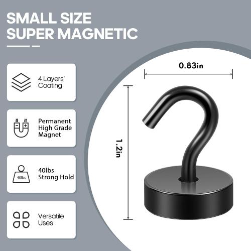 Neosmuk Magnetic Hooks, Cruise Ship Essentials, 40lb  Heavy Duty Magnetic Hooks for Cruise Cabins, Refrigerator, Grill, Hanging, and Travel | Extra Strong Must-Haves Magnet Hook,Black,Pack of 20