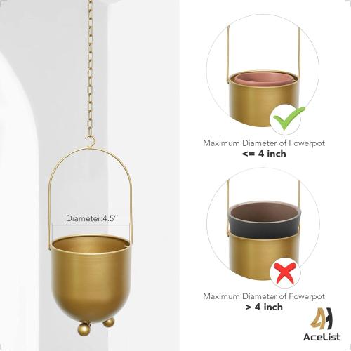AceList Boho Gold Metal Hanging Planters,  with Hooks & Chains - Versatile Wall & Ceiling Plant Hangers for Indoor/Outdoor Décor