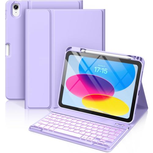 Hamile for iPad 11th 10th Generation Case with Keyboard - 7 Colors Backlit Wireless Detachable Folio Keyboard Cover with Pencil Holder for iPad 11-inch A16 2025 10th Gen 10.9 Inch 2022 (Purple)