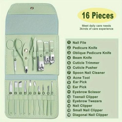 16pcs Nail Clippers Kit, Ultra Sharp Sturdy Fingernail Cutters, Professional Nail Clippers Pedicure Care Tools, Toenail Clipper Cutters for Men and Women Nail Trimmer,Luxury Gold Color,Matcha Green