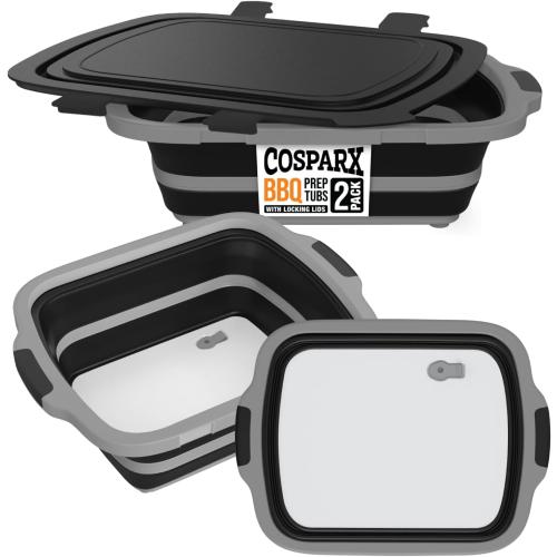 2-Pack XL Collapsible BBQ Prep Tub with Built-In Cutting Board, Lid & Strainer – Marinate, Drain & Prep – Large Food-Safe Container – Perfect for Grilling, Smoking & Outdoor Cooking (Black)