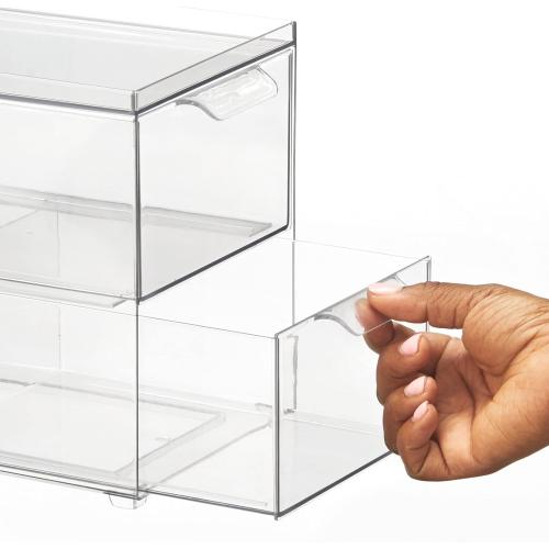 mDesign Stackable Storage Containers Box with 2 Pull-Out Drawers - Stacking Plastic Drawer Bins for Master or Guest Bathroom, Linen Closet, Vanity, Makeup Table Lumiere Collection 4 Pack, Clear