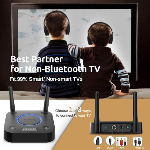 Black B06TX 1Mii B06TX Bluetooth 5.2 Transmitter for TV to Wireless Headphone/Speaker, Bluetooth Adapter for TV w/Volume Control, AUX/RCA/Optical/Coaxial Audio Inputs, Plug n Play, aptX Low Latency & HD