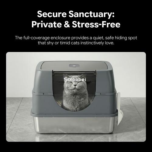 Solpobei Stainless Steel Cat Litter Box, Medium | Small cat pan with lid, 18.7 in length, deep high sided, odor control