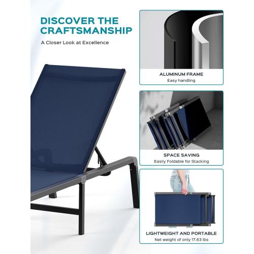 Aluminum Chaise Lounge Ourdoor - Foldable & Assemble Free Outdoor Lounge Chair with 5 Adjustable Backrest, Patio Lounge Chair for Outside Poolside Beach Pool, Navy Blue