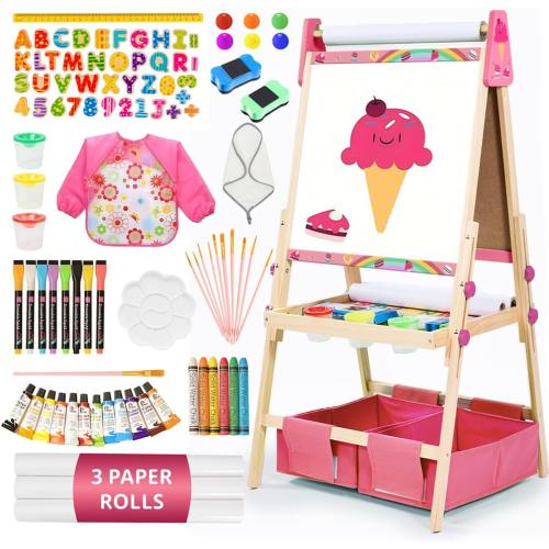 Art Easel for Kids, Kids Art Easel with 3 Paper Roll, Magnetic Whiteboard and Chalkboard,Adjustable Standing Wooden Toddler Easel for Painting Double Sided,3in1 Painting Easel for 2-4 4-8 Pink