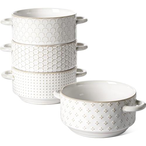 LE TAUCI Soup Bowls with Handles, 20 oz French Onion Soup Crocks, Stackable Soup Bowl Oven Safe for Chili, Beef Stew, Embossment Ceramic Bowl Set - 5.4 Inch, Set of 4, Arctic White