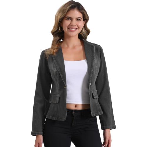 Allegra K Womens Jean Jacket Collarless Long Sleeve One Button Lightweight Denim Blazer Cropped Denim Jacket