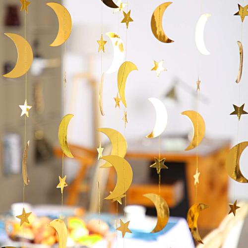 Glitter Star Moon Garland Banner Decor, 130 Feet Star Hanging Bunting Banner Gold Bright Moon Paper Garland Backdrop for Graduation Class Congrats Grad Eid Muburak Party Decoration(Gold)