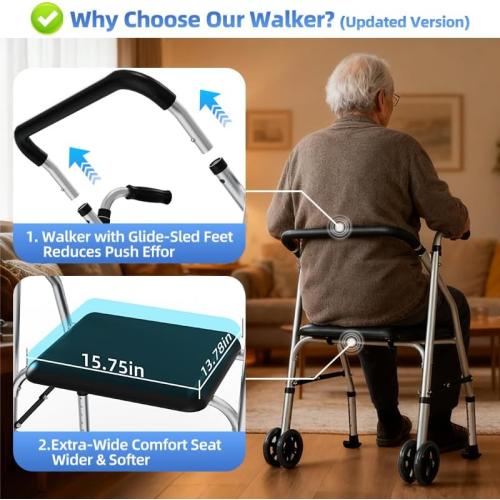 Walkers for Seniors, Standard Walker with Seat, Adjustable Two-Wheeled Walker with 5”Wheels, Lightweight, Supports 300lbs, Compact Travel Walker, Suitable for use in Car