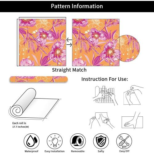 REDAMANCY Vintage Orange/Pink Poppy Floral Large Flowers Peel and Stick Wallpaper Stick on Contact Paper Vintage Wall Paper Easy Peel Off for nightstand Drawer Cabinet Renter