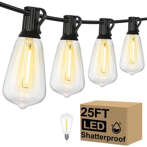 UNTESTED Brightever Outdoor String Lights, 25FT Patio Lights with 13 ST38 LED Edison Bulbs (1 Spare), Waterproof Connectable String Lights for Outside, Dimmable Hanging Light for Backyard Porch Decor, Black