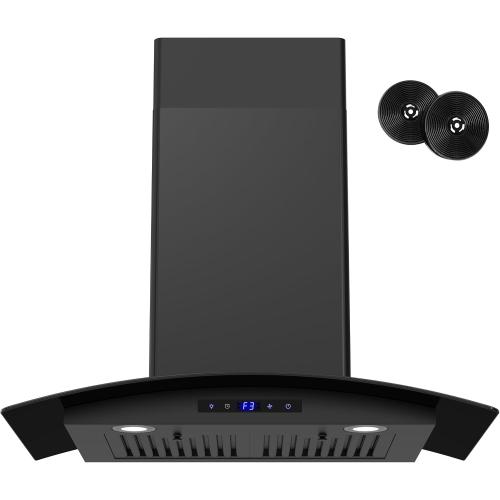 FIREGAS Range Hood 30 inch, 600 CFM Wall Mount Glass Kitchen Hood Ducted/Ductless Convertible with 3-Speed Fan, Screen Control, Time Setting, LED Lights, Black Painted Stainless Steel Vent Hood