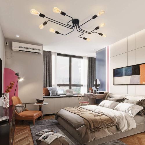 Lingkai 8 Lights Sputnik Ceiling Light Fixture Industrial Chandelier Semi Flush Mount Light Fixtures with Matte Black Finish for Living Room Bedroom Dining Room