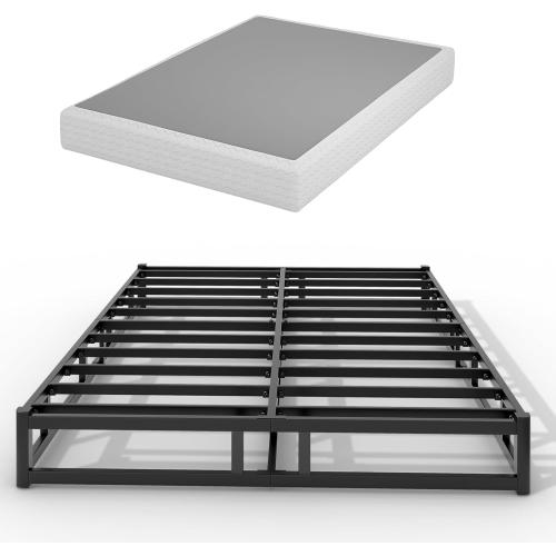 Box Spring Low Profile Bed Base Matel Mattress Foundation with Cotton Washable Cover Quiet Easy Assembly Sturdy Support for All Bed Types (Black, Queen)