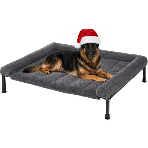 Veehoo Elevated Dog Bed Large Sized with Fluffy Plush Bolster Cushion, Washable Orthopedic Dog Couch Bed, Cooling Raised Pet Cot with Removable Mat, Breathable Mesh, No-Slip Feet, 45 x 34 inches, Grey