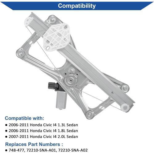 Obaee 748-477 Front Right Passenger Side Power Window Regulator with Motor (2 pins), Compatible with Honda Civic Sedan 2006 2007 2008 2009 2010 2011, Replace OE 72210-SNA-A01, 72210-SNA-A02