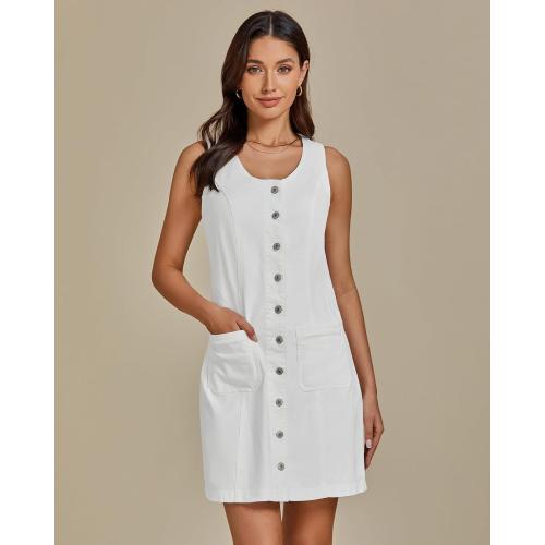 Size M luvamia Denim Dresses for Women Sleeveless Stretchy Jean Summer Casual Western Short Button Down Dress with Patch Pocket