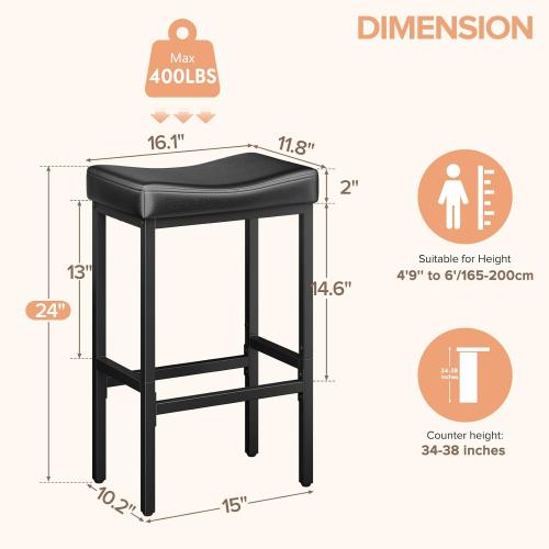 24 Inch Counter Height Bar Stools Set of 2, Compact Counter Stools for Small Spaces, Premium Faux Leather Barstools with Right-Sized Saddle Seat & Metal Legs, 15-Minute Easy Assembly, Black