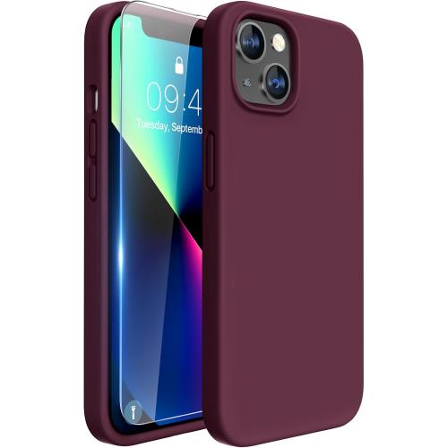 Miracase Designed for iPhone 13 Case, with Tempered Glass Screen Protector, [Soft Anti-Scratch Microfiber Lining], Shockproof Liquid Silicone Rubber Phone Case Cover for 13 6.1 inch, Wine Red