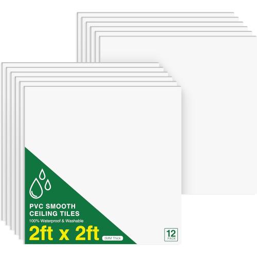 Smooth Drop Ceiling Tiles 2ft x 2ft for T-Bar Ceiling Systems – PVC Ceiling Tiles with No Sag, Waterproof & Fire-Rated – Easy Drop-in Replacement, White, 12-Pack (Covers 48 Sq. Ft)