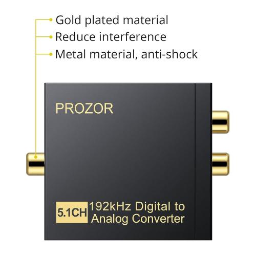PROZOR 192Khz Digital to Analog Audio Converter Support 5.1CH Optical to RCA Converter with Magnetic Ring Power Cord Digital Toslink SPDIF to Analog L/R RCA 3.5mm Adapter for HDTV Blu-Ray DVD PS3 PS4