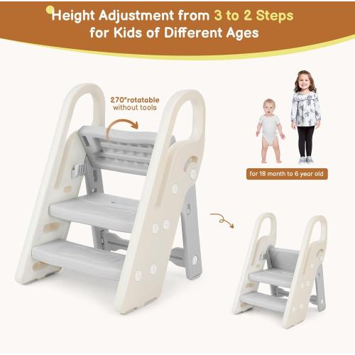 Onasti Foldable Step Stool for Bathroom Sink, Adjustable 3 Step Stool for Kids Toilet Potty Training Stool with Handles, Child Kitchen Counter Stool Helper, Plastic Ladder for Toddlers Grey