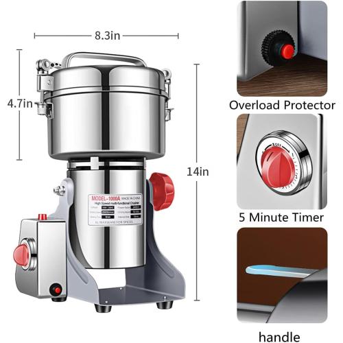Electric Grain Grinder Mill 1000g High-speed Spice Herb Mill Commercial Powder Machine for Dry Cereals Grain Herb Spice Coffee Corn Bean (1000g Stand Type)