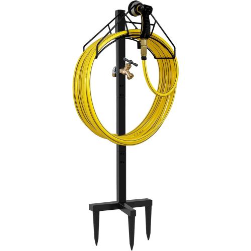 Freestanding Outdoor Garden Hose Holder Stand with Brass Faucet, Heavy Duty Metal Water Hose Reel Storage Stake Rack for Backyard, Black (Hose not Included)