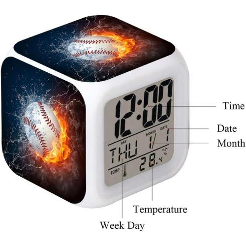 Led Alarm Clock Baseball Burning Sport Design Creative Desk Table Clock Glowing Electronic Colorful Digital Alarm Clock for Unisex Adults Kids Toy Birthday Present