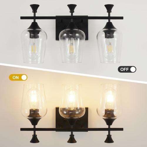 Bathroom Light Fixtures (3-Light, 19 Inch), Matte Black Vanity Lights for Bathroom with Clear Wine Glass Glass Shade, Modern Vanity Wall Lights for Mirror Bedroom Living Room Kitchen Hallway Porch