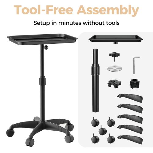 37 Black Salon Tray on Wheels, Adjustable Rolling Cart for Spa