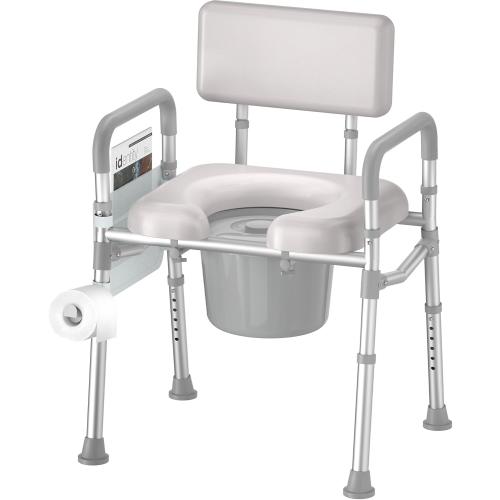 SOUNDFUSE Bedside Commode Chair with Padded Seat and Backrest, Aluminum Dual-Crossbar, Height Adjustable, Portable Toilet for Seniors and Adults, Potty Bucket and Splash Guard, 350 lbs Weight Capacity