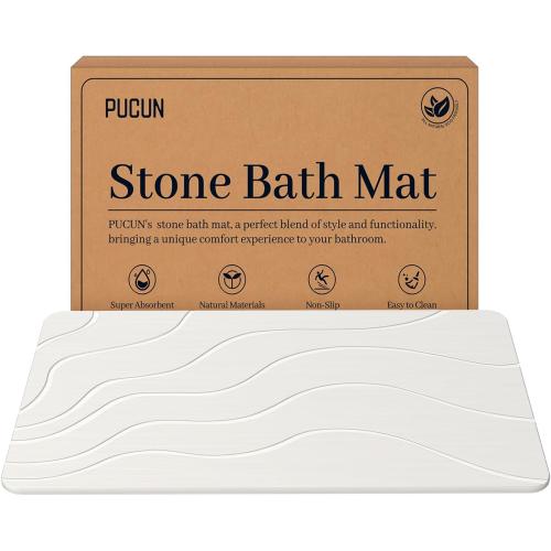 PUCUN Stone Bath Mat Diatomaceous Earth Non-Slip Shower Mat,Quick Drying Diatomite Bath Stone Mat for Bathroom Floor -Super Absorbent,Natural, Easy to Clean(24 * 16 White)