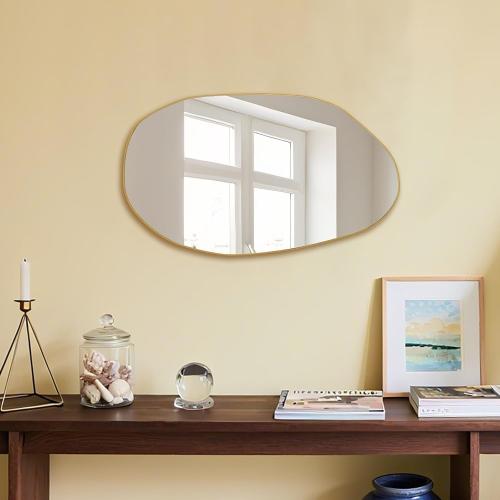 BOMINICA Irregular Wall Mirror Asymmetrical Mirror, Decorative Wall Mirror Golden Wood Framed, Wall Mounted Mirror for Bathroom Living Room Entryway Bedroom Hallway (Gold, 19.5 x 33.5)